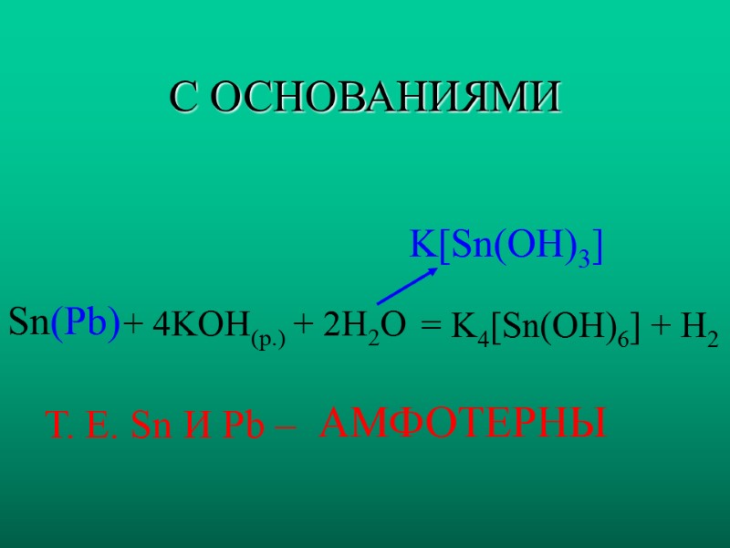 С ОСНОВАНИЯМИ K[Sn(OH)3]  Sn  (Pb)  + 4KOH(р.) + 2H2O  =